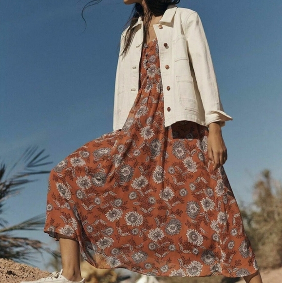 Madewell sheer sleeve button front midi dress floral burnt orange 4 - Picture 15 of 16